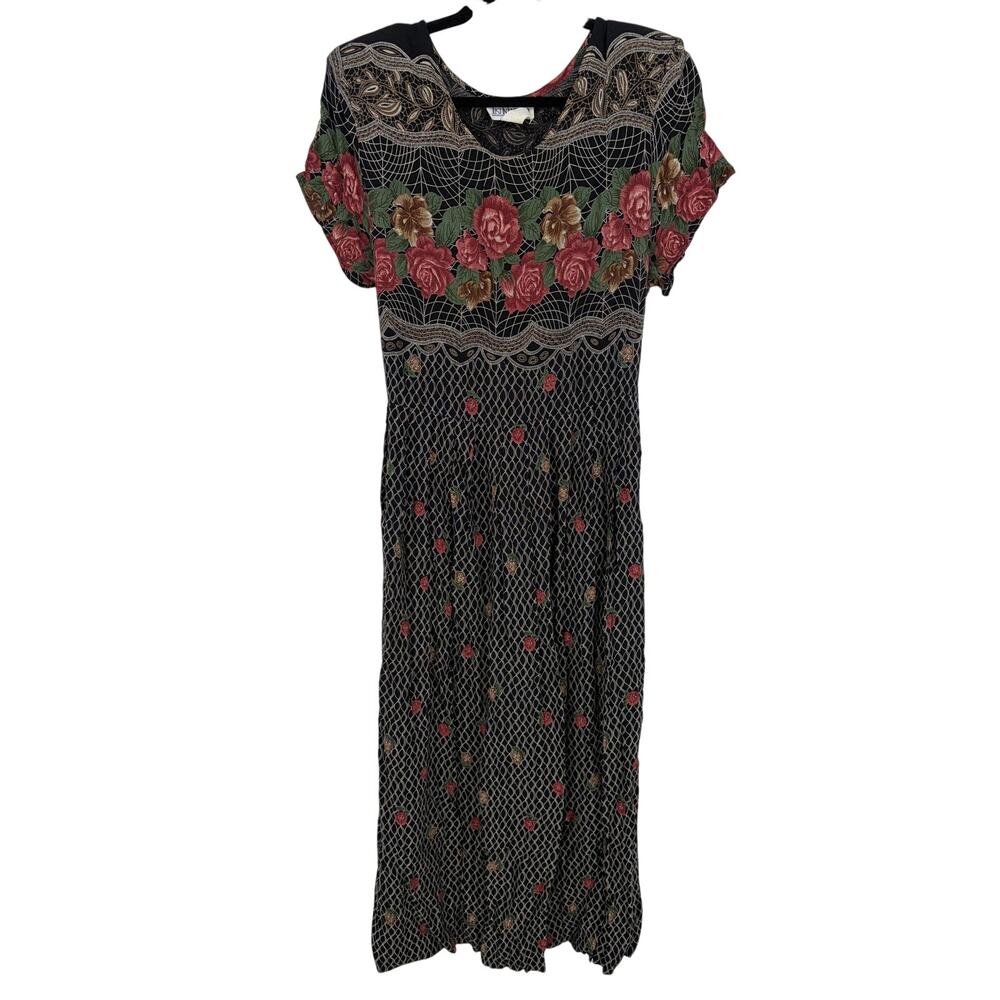 Just In Thyme LTD. Vintage Y2K Shoulder Pads Black Floral Midi Dress Size 10